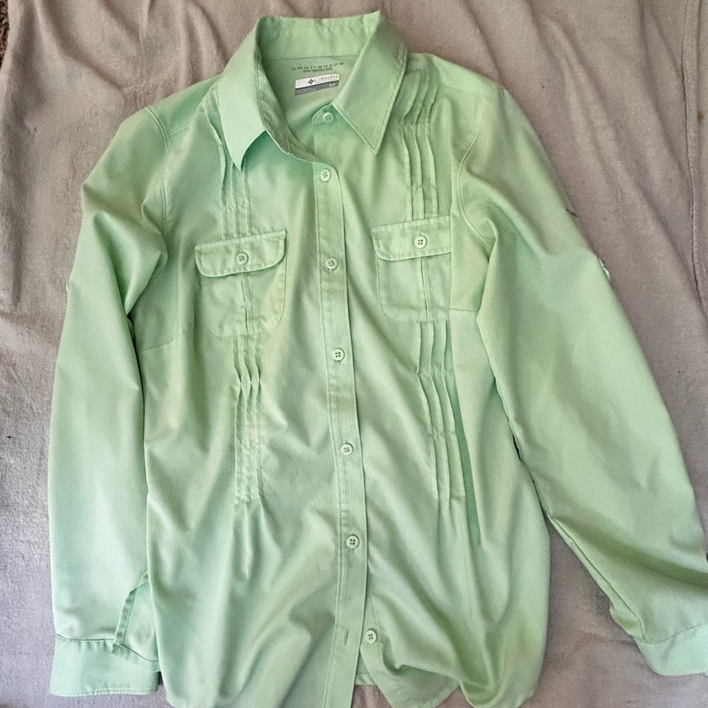 Columbia Shirt Womens Small Green Omni-Shade Hiking Gorpcore Fishing Ruffles - Picture 10 of 16